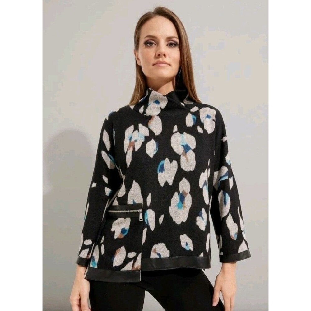 Joseph Ribkoff Women's Sz 6 (US) Black Grey Blue Animal Print Mock Neck Sweater